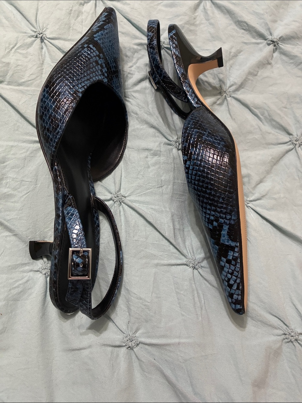 Michael Kors Blue and Black Snake-Print Pointed Slingback Heels - Picture 4 of 5